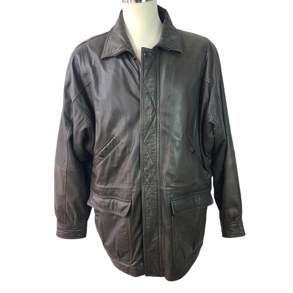 Reed Sportswear Taupe Brown Gray Vintage Leather Flannel Lined Coat jacket L 46